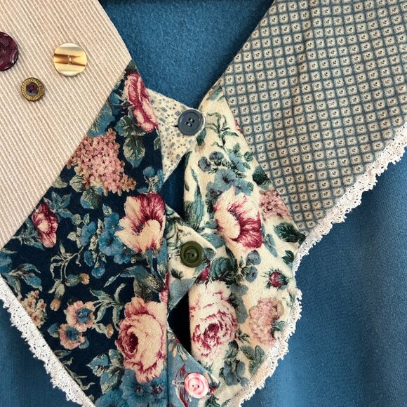 Vintage DIY Grandma Sweatshirt Cardigan M? Blue Shawl Collar Patchwork Button Up - Picture 4 of 10